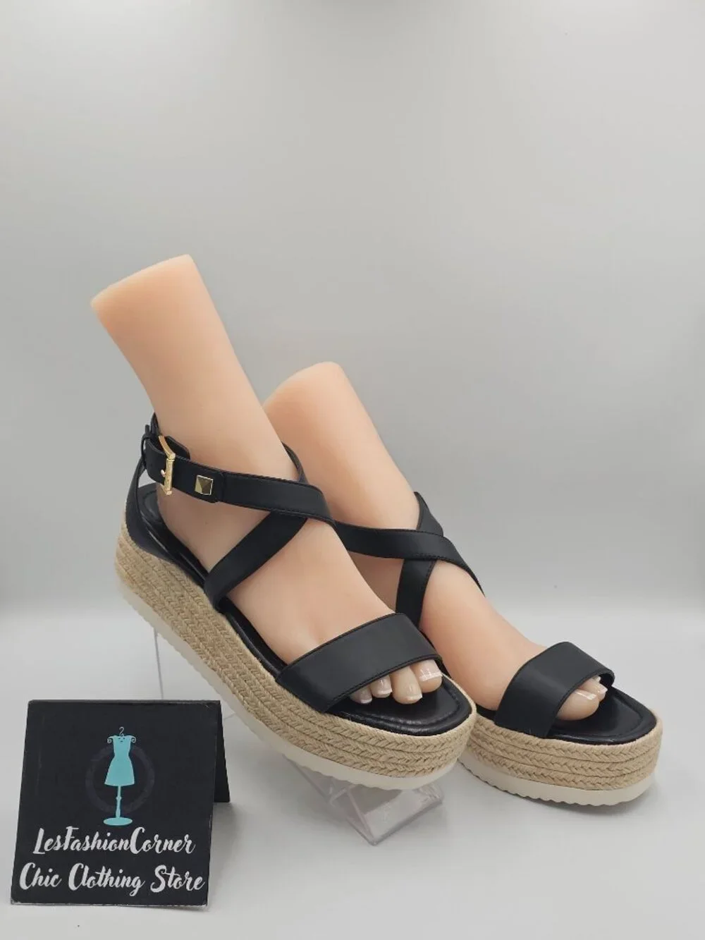 NWOB Michael Kors Women's Black Leather Lowry Espadrille Sandals Size 10 3720